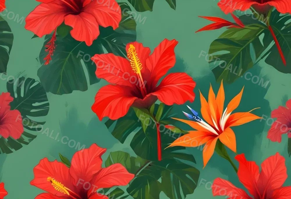 Digital Painting Three Red Hibiscus Flowers And A Bird Of Paradise Flower With Red Leaves On A Green Background Bold And Slim Lines Brush Strokes 5 2a0a
