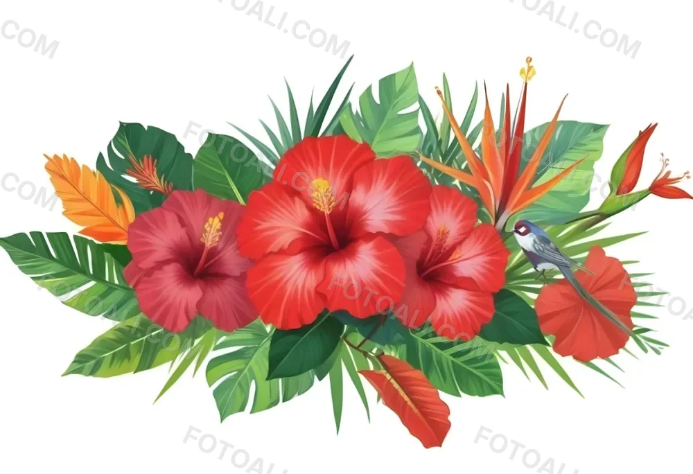 Digital Painting Three Red Hibiscus Flowers And A Bird Of Paradise Flower With Red Leaves On A Green Background Bold And Slim Lines Brush Strokes 6 2535