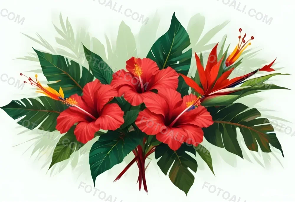 Digital Painting Three Red Hibiscus Flowers And A Bird Of Paradise Flower With Red Leaves On A Green Background Bold And Slim Lines Brush Strokes 7 D821