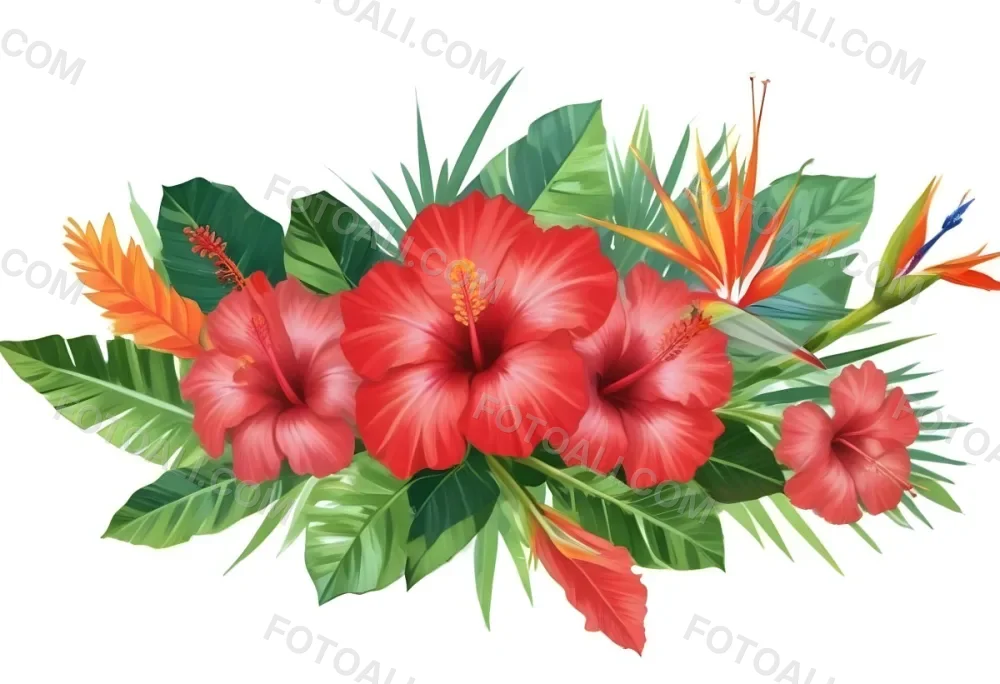 Digital Painting Three Red Hibiscus Flowers And A Bird Of Paradise Flower With Red Leaves On A Green Background Bold And Slim Lines Brush Strokes 8 78e1