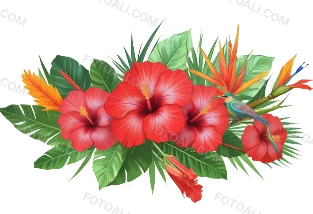 Digital Painting Three Red Hibiscus Flowers And A Bird Of Paradise Flower With Red Leaves On A Green Background Bold And Slim Lines Brush Strokes 9 686f