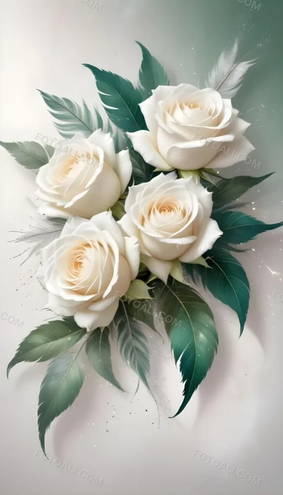 Digital Painting Three White Roses With Green Leaves And Green Feathers On A White Surface With Glitter Soft Lighting Romantic Elegant And Dreamy Bold And Slim Lines Brush Strokes 1 196e