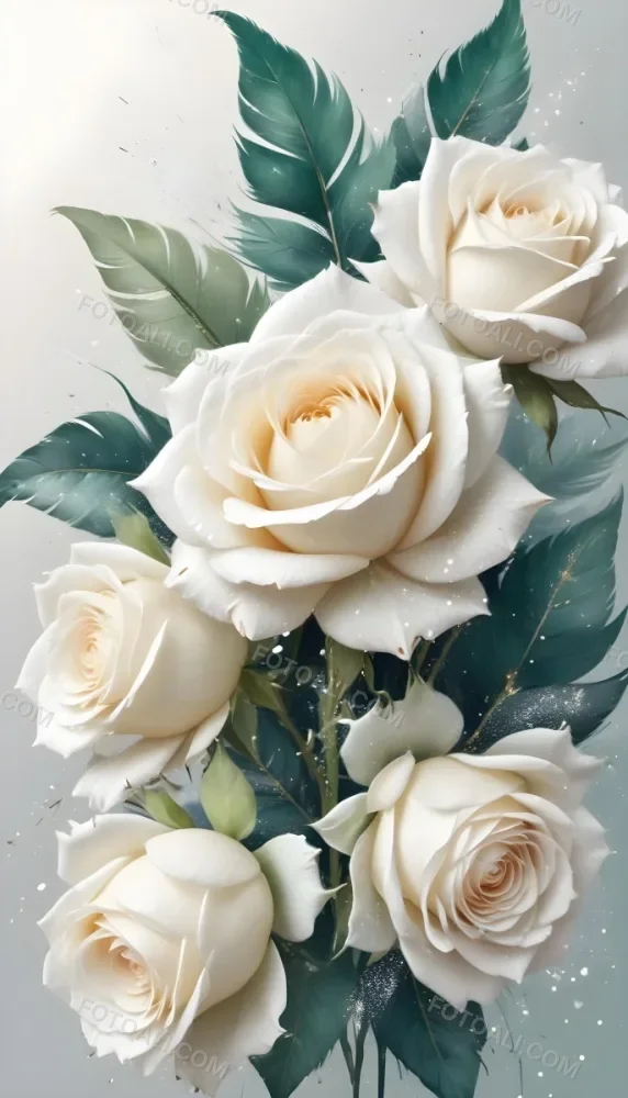 Digital Painting Three White Roses With Green Leaves And Green Feathers On A White Surface With Glitter Soft Lighting Romantic Elegant And Dreamy Bold And Slim Lines Brush Strokes 12 1764