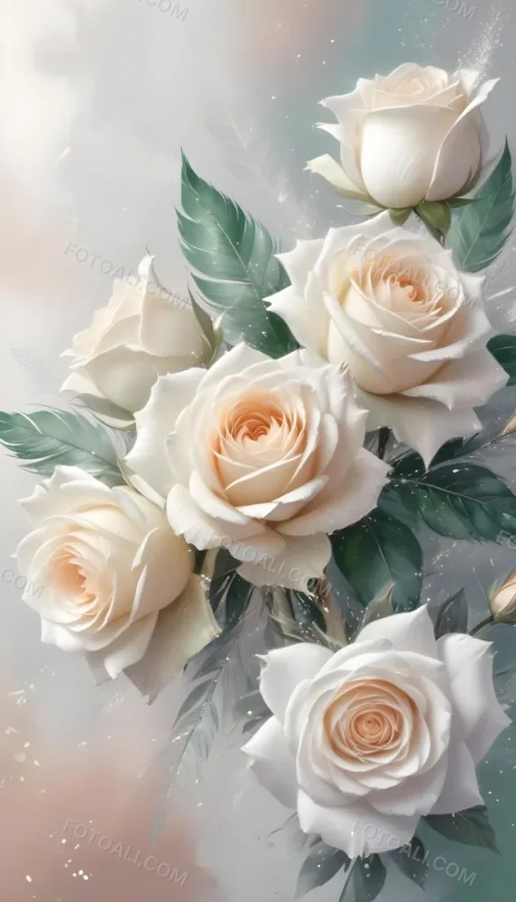 Digital Painting Three White Roses With Green Leaves And Green Feathers On A White Surface With Glitter Soft Lighting Romantic Elegant And Dreamy Bold And Slim Lines Brush Strokes 26 6e4b