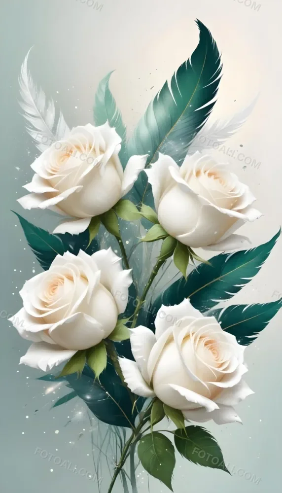 Digital Painting Three White Roses With Green Leaves And Green Feathers On A White Surface With Glitter Soft Lighting Romantic Elegant And Dreamy Bold And Slim Lines Brush Strokes 28 2021
