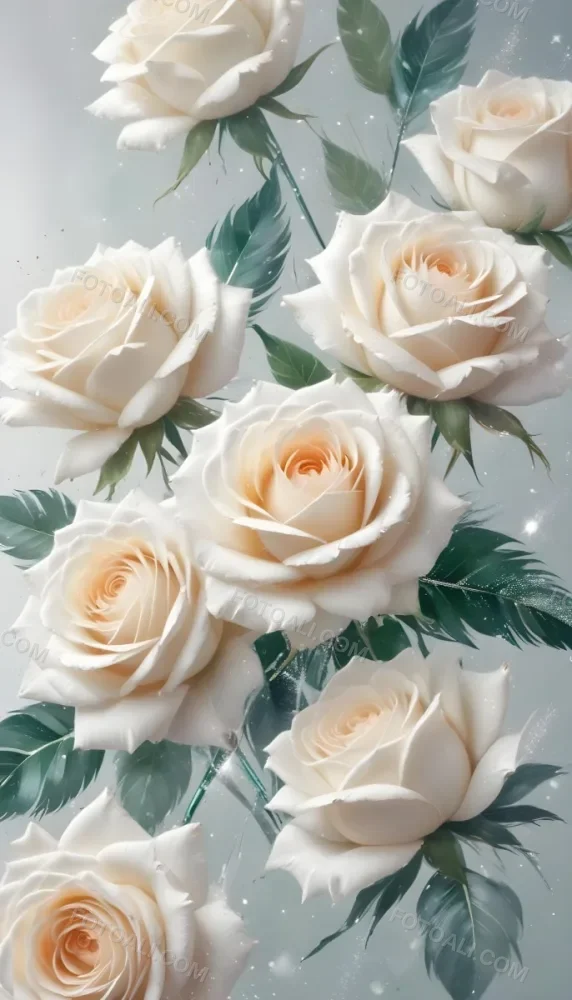 Digital Painting Three White Roses With Green Leaves And Green Feathers On A White Surface With Glitter Soft Lighting Romantic Elegant And Dreamy Bold And Slim Lines Brush Strokes 7 20af