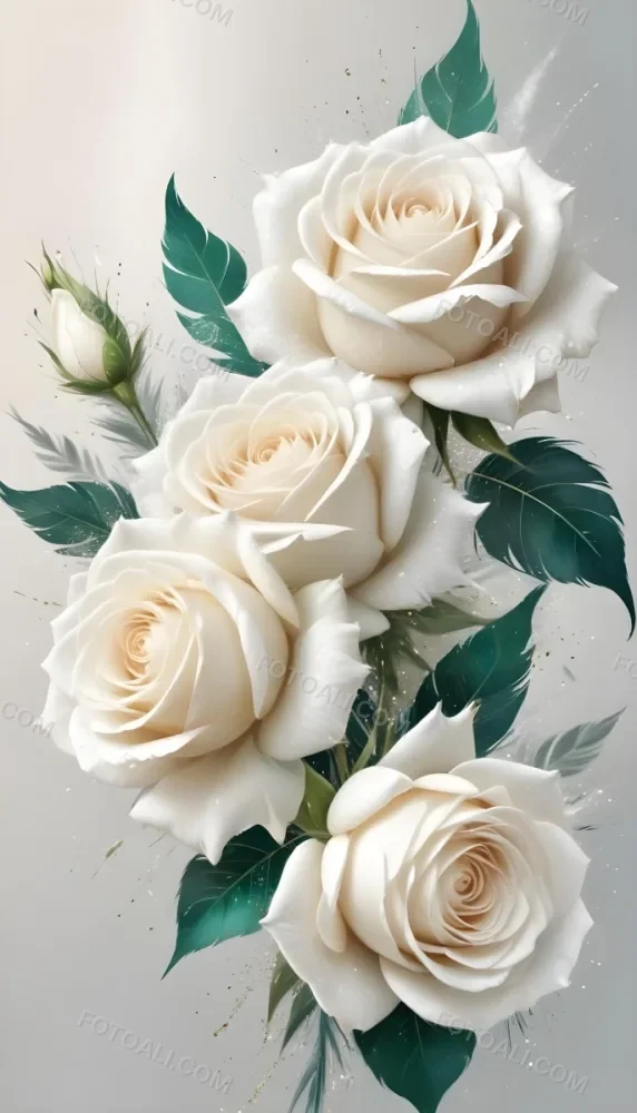 Digital Painting Three White Roses With Green Leaves And Green Feathers On A White Surface With Glitter Soft Lighting Romantic Elegant And Dreamy Bold And Slim Lines Brush Strokes 8 D694