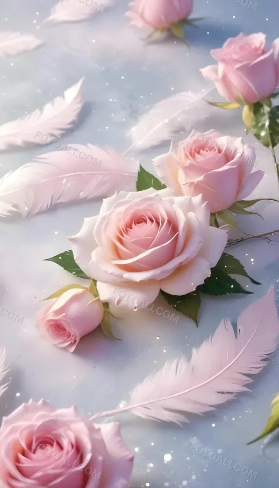 Digital Painting Three White Roses With Green Leaves And Green Feathers On A White Surface With Glitter Soft Lighting Romantic Elegant And Dreamy Bold And Slim Lines Brush Strokes 9 3644