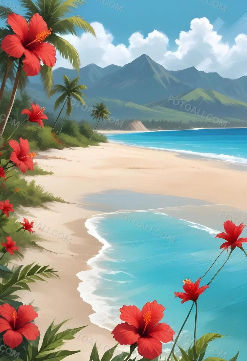 Digital Painting Tropical Beach With Turquoise Water Palm Trees Red Hibiscus Flowers And A Sandy Shore Distant Mountains Under A Partly Cloudy Sky During A Bright Sunny Day Bold And Slim Lines Brush Strokes 12 4763