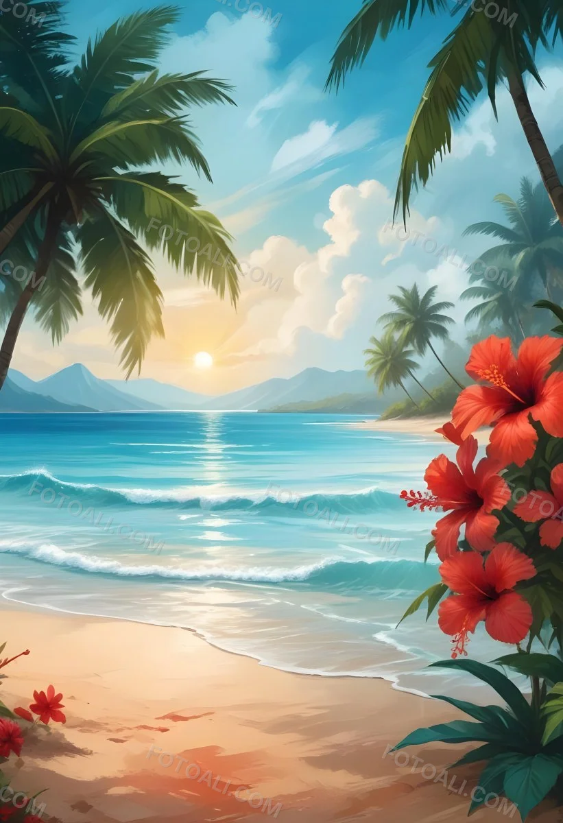 Digital Painting Tropical Beach With Turquoise Water Palm Trees Red Hibiscus Flowers And A Sandy Shore Distant Mountains Under A Partly Cloudy Sky During A Bright Sunny Day Bold And Slim Lines Brush Strokes 17 7684
