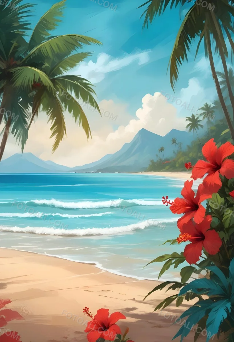 Digital Painting Tropical Beach With Turquoise Water Palm Trees Red Hibiscus Flowers And A Sandy Shore Distant Mountains Under A Partly Cloudy Sky During A Bright Sunny Day Bold And Slim Lines Brush Strokes 25 Ed03