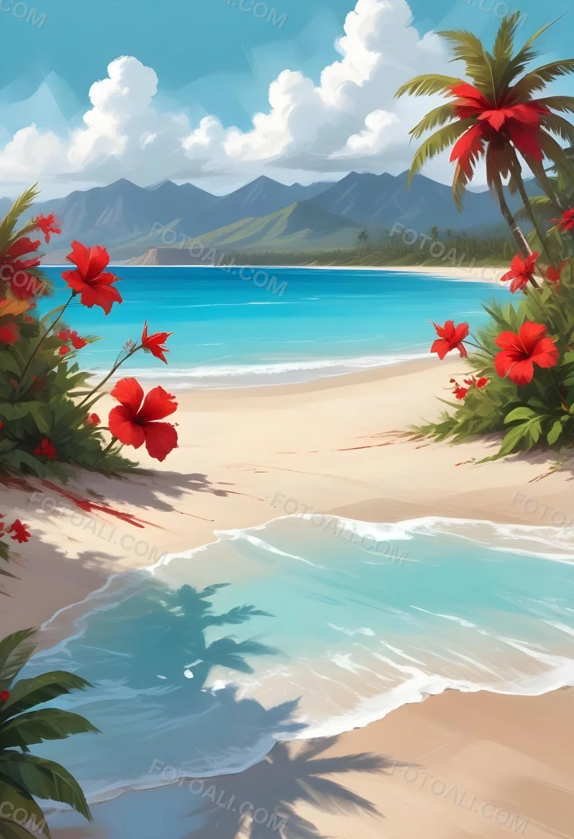 Digital Painting Tropical Beach With Turquoise Water Palm Trees Red Hibiscus Flowers And A Sandy Shore Distant Mountains Under A Partly Cloudy Sky During A Bright Sunny Day Bold And Slim Lines Brush Strokes 30 216e
