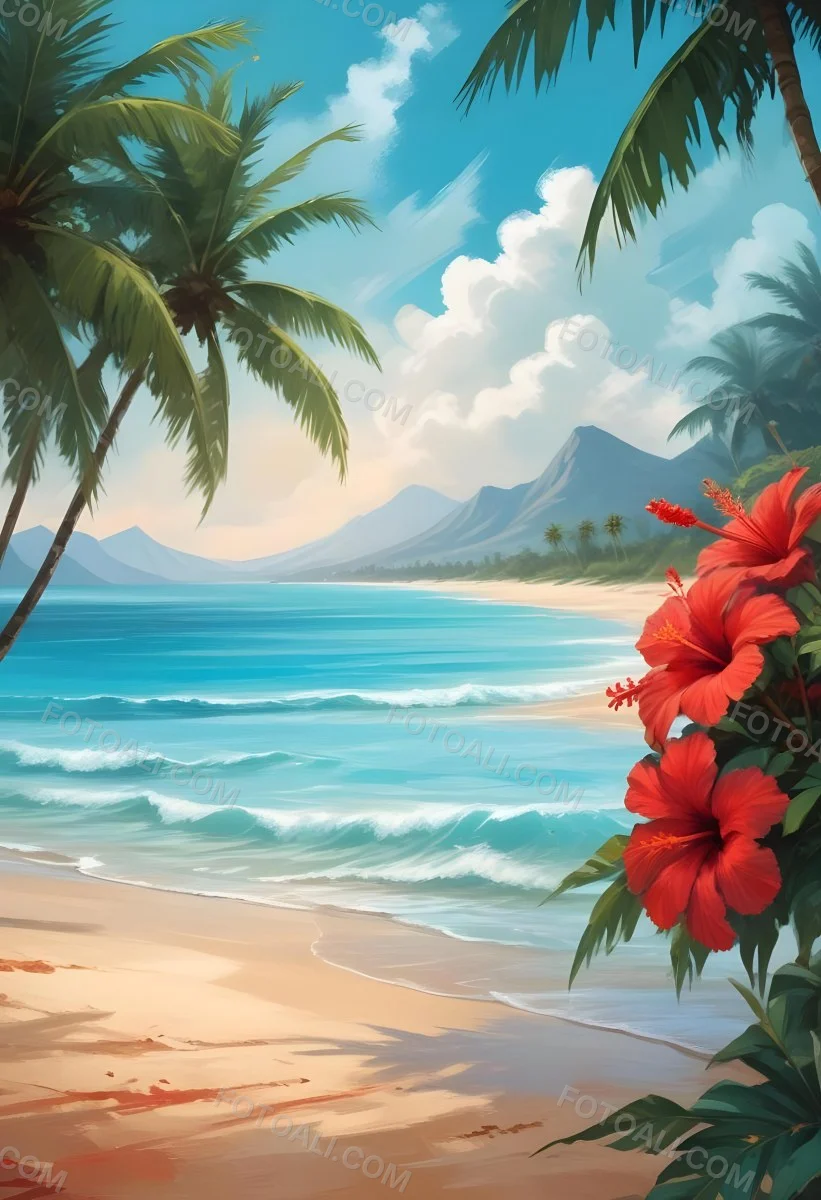Digital Painting Tropical Beach With Turquoise Water Palm Trees Red Hibiscus Flowers And A Sandy Shore Distant Mountains Under A Partly Cloudy Sky During A Bright Sunny Day Bold And Slim Lines Brush Strokes 31 D253