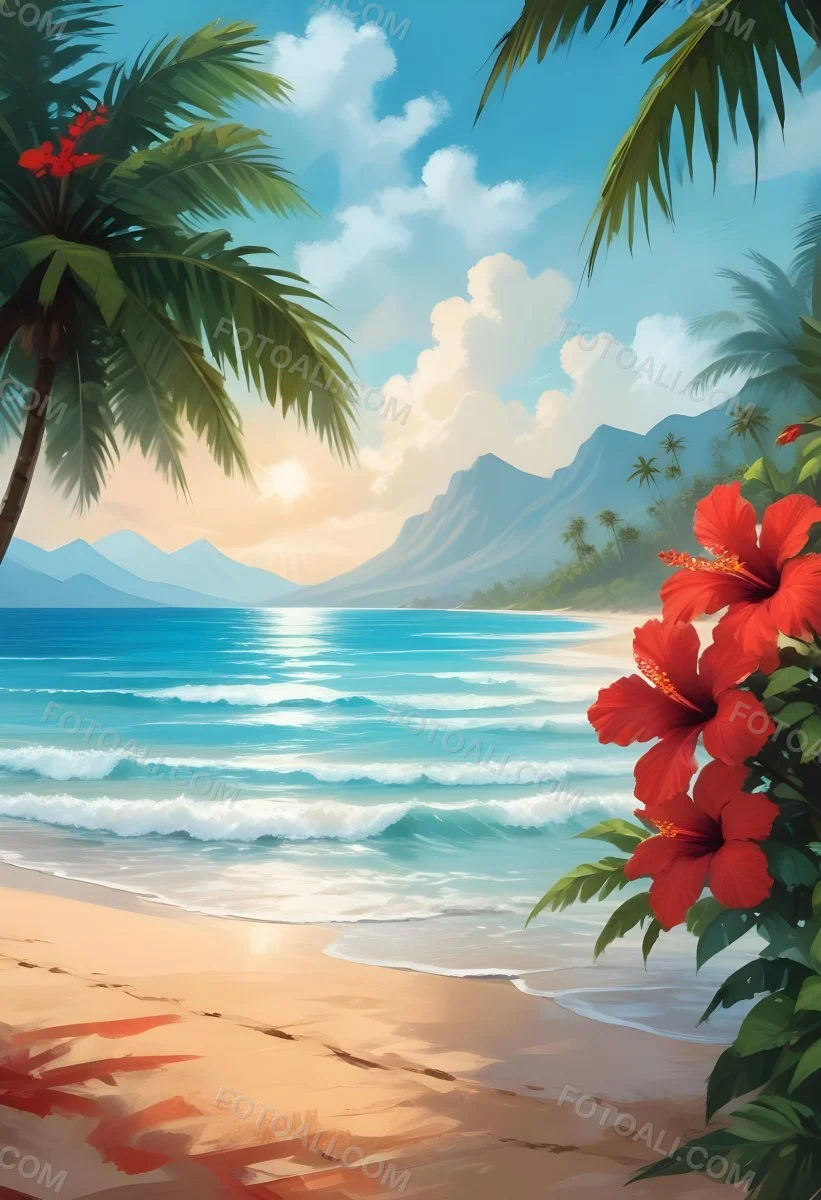 Digital Painting Tropical Beach With Turquoise Water Palm Trees Red Hibiscus Flowers And A Sandy Shore Distant Mountains Under A Partly Cloudy Sky During A Bright Sunny Day Bold And Slim Lines Brush Strokes 34 6c32