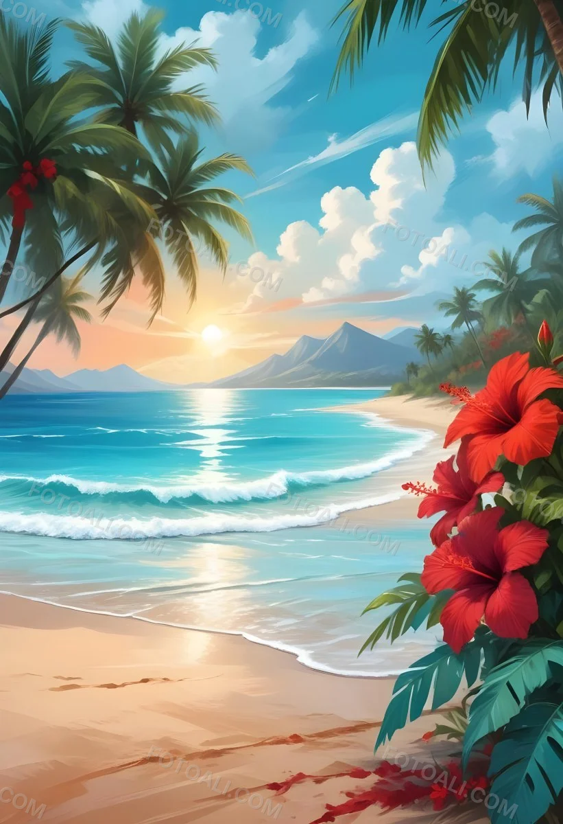 Digital Painting Tropical Beach With Turquoise Water Palm Trees Red Hibiscus Flowers And A Sandy Shore Distant Mountains Under A Partly Cloudy Sky During A Bright Sunny Day Bold And Slim Lines Brush Strokes 35 F3d4