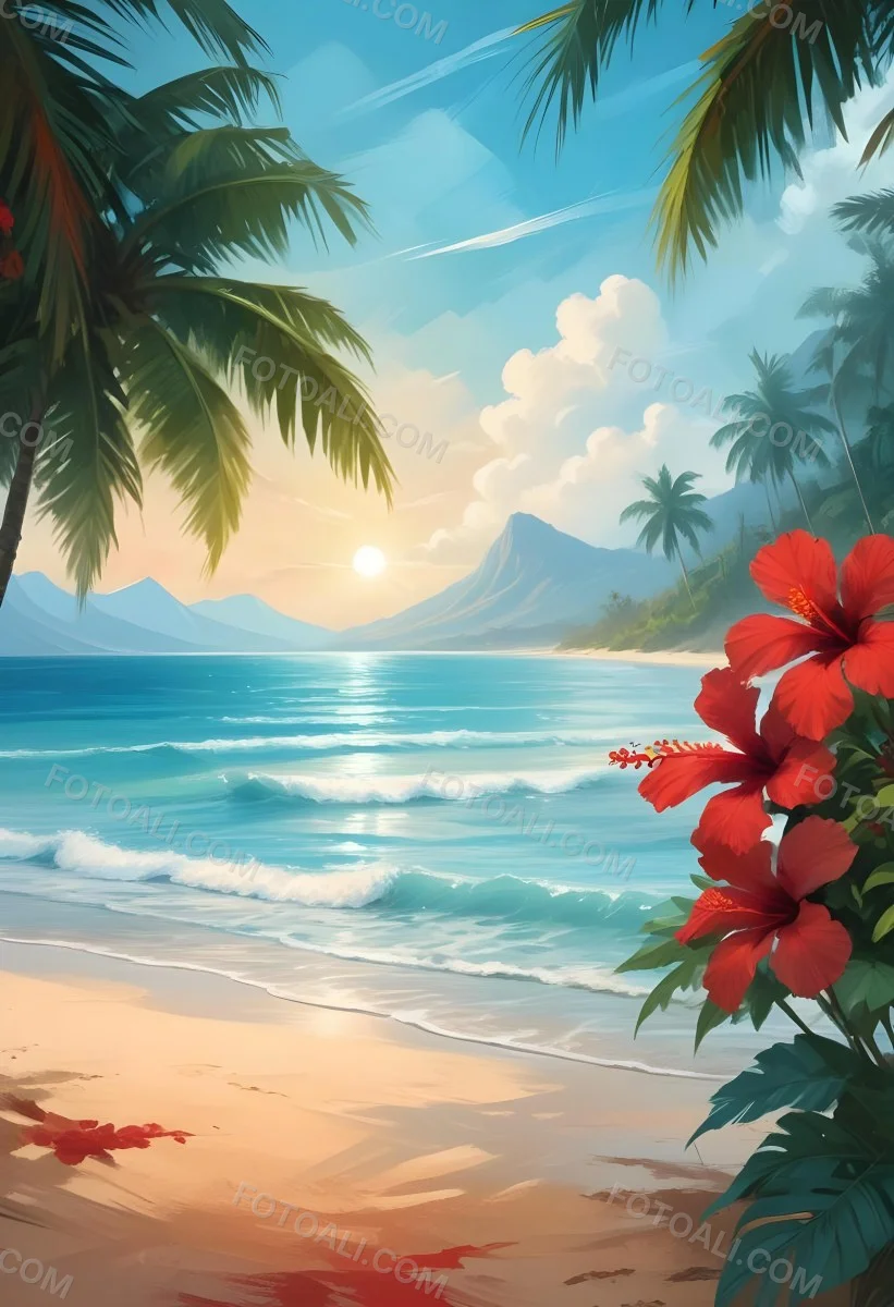 Digital Painting Tropical Beach With Turquoise Water Palm Trees Red Hibiscus Flowers And A Sandy Shore Distant Mountains Under A Partly Cloudy Sky During A Bright Sunny Day Bold And Slim Lines Brush Strokes 36 C1a6