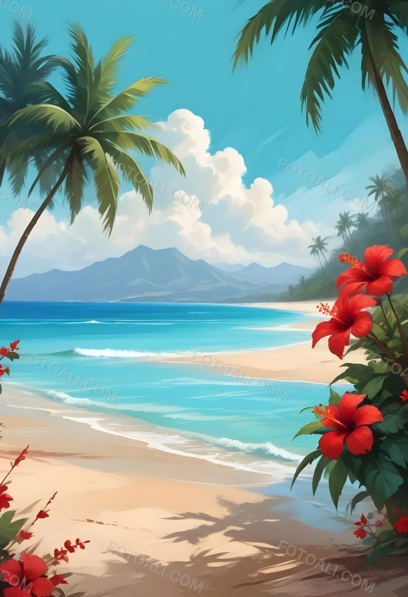 Digital Painting Tropical Beach With Turquoise Water Palm Trees Red Hibiscus Flowers And A Sandy Shore Distant Mountains Under A Partly Cloudy Sky During A Bright Sunny Day Bold And Slim Lines Brush Strokes 8 4e06