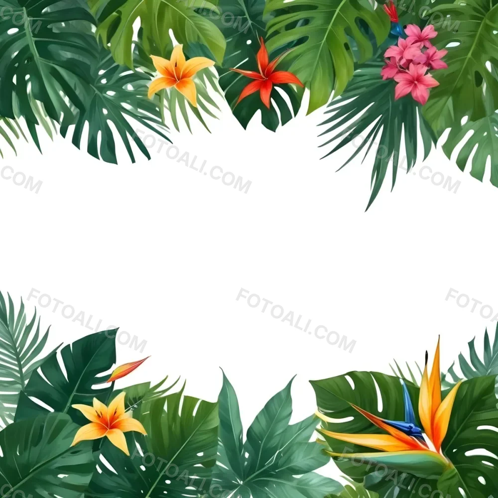Digital Painting Tropical Leaves And Flowers Frame With Monstera Banana Leaves Palm Leaves Hibiscus Plumeria And Bird Of Paradise On A White Background Bold And Slim Lines Brush Strokes 10 C265