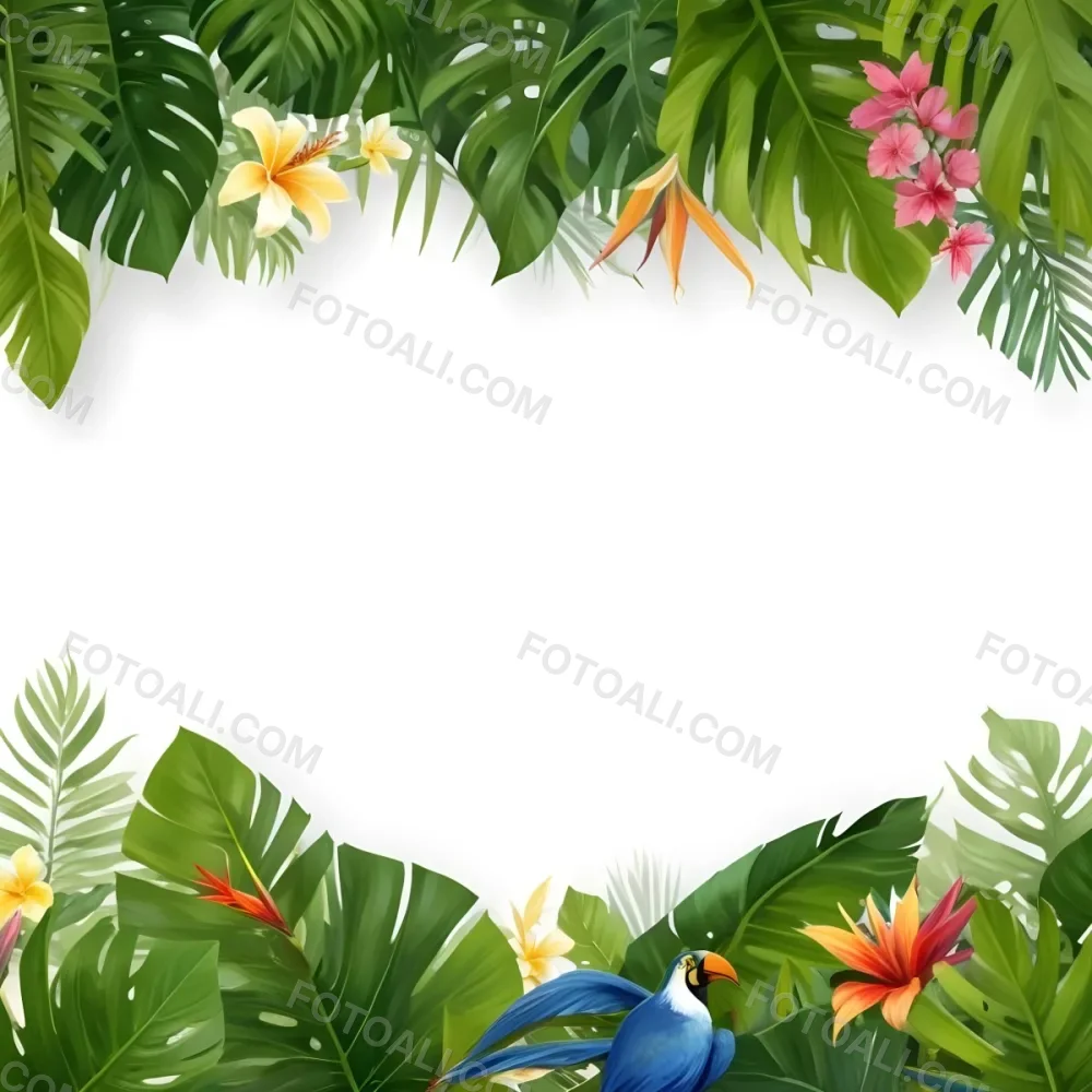 Digital Painting Tropical Leaves And Flowers Frame With Monstera Banana Leaves Palm Leaves Hibiscus Plumeria And Bird Of Paradise On A White Background Bold And Slim Lines Brush Strokes 14 16a2