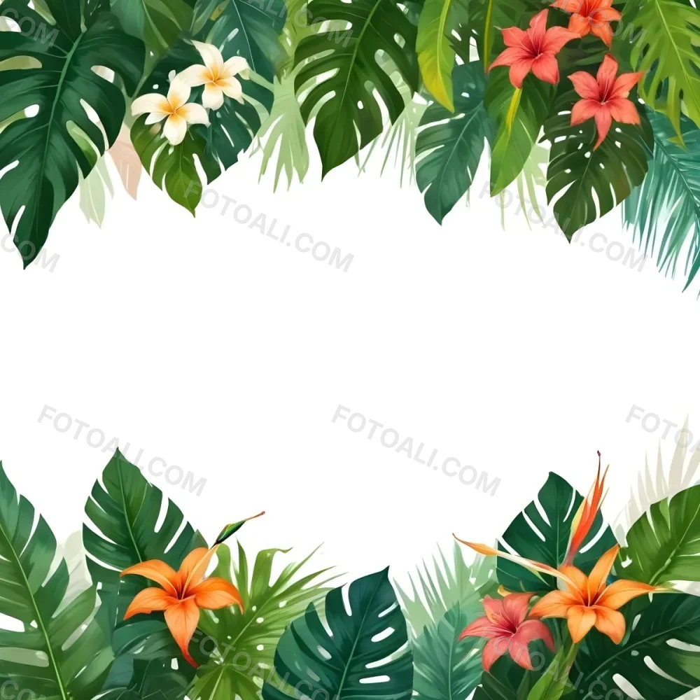 Digital Painting Tropical Leaves And Flowers Frame With Monstera Banana Leaves Palm Leaves Hibiscus Plumeria And Bird Of Paradise On A White Background Bold And Slim Lines Brush Strokes 2 7691
