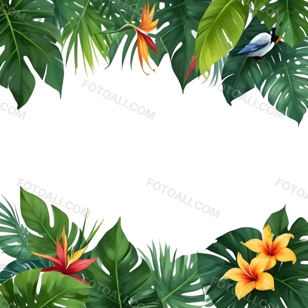 Digital Painting Tropical Leaves And Flowers Frame With Monstera Banana Leaves Palm Leaves Hibiscus Plumeria And Bird Of Paradise On A White Background Bold And Slim Lines Brush Strokes 23 317a