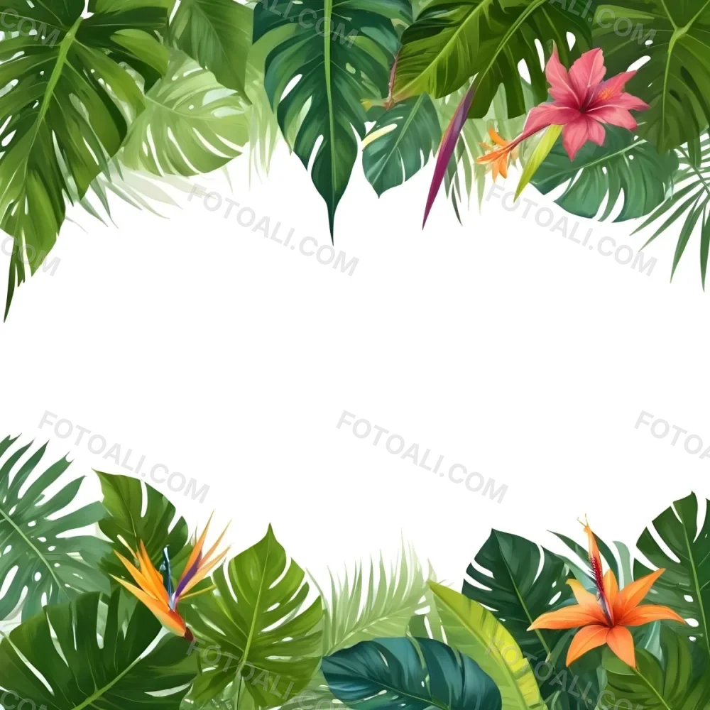 Digital Painting Tropical Leaves And Flowers Frame With Monstera Banana Leaves Palm Leaves Hibiscus Plumeria And Bird Of Paradise On A White Background Bold And Slim Lines Brush Strokes 25 De25