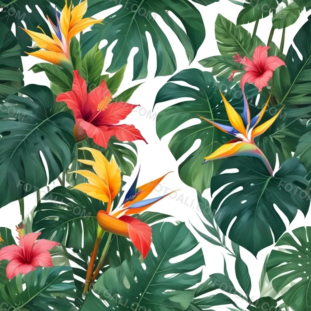 Digital Painting Tropical Leaves And Flowers Frame With Monstera Banana Leaves Palm Leaves Hibiscus Plumeria And Bird Of Paradise On A White Background Bold And Slim Lines Brush Strokes 29 Bbb3
