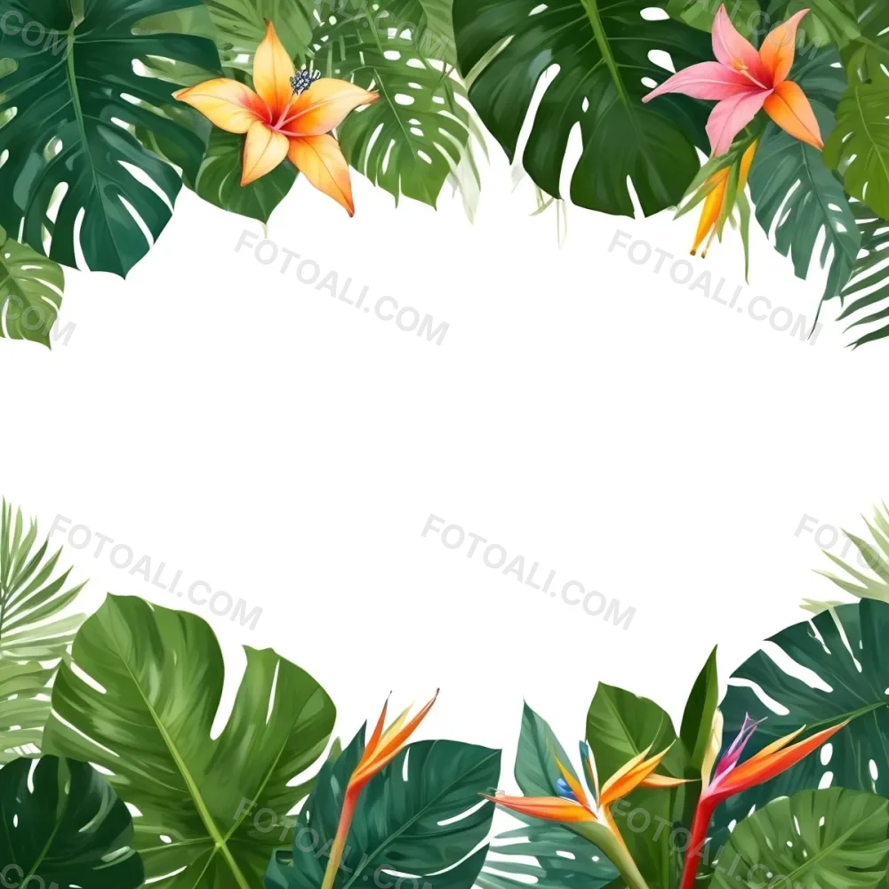 Digital Painting Tropical Leaves And Flowers Frame With Monstera Banana Leaves Palm Leaves Hibiscus Plumeria And Bird Of Paradise On A White Background Bold And Slim Lines Brush Strokes 30 772a