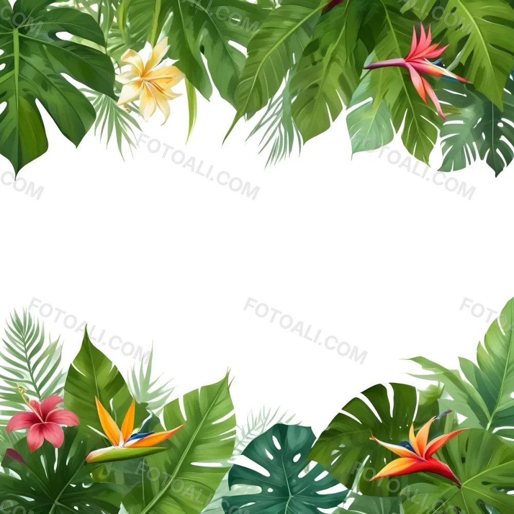 Digital Painting Tropical Leaves And Flowers Frame With Monstera Banana Leaves Palm Leaves Hibiscus Plumeria And Bird Of Paradise On A White Background Bold And Slim Lines Brush Strokes 31 441f