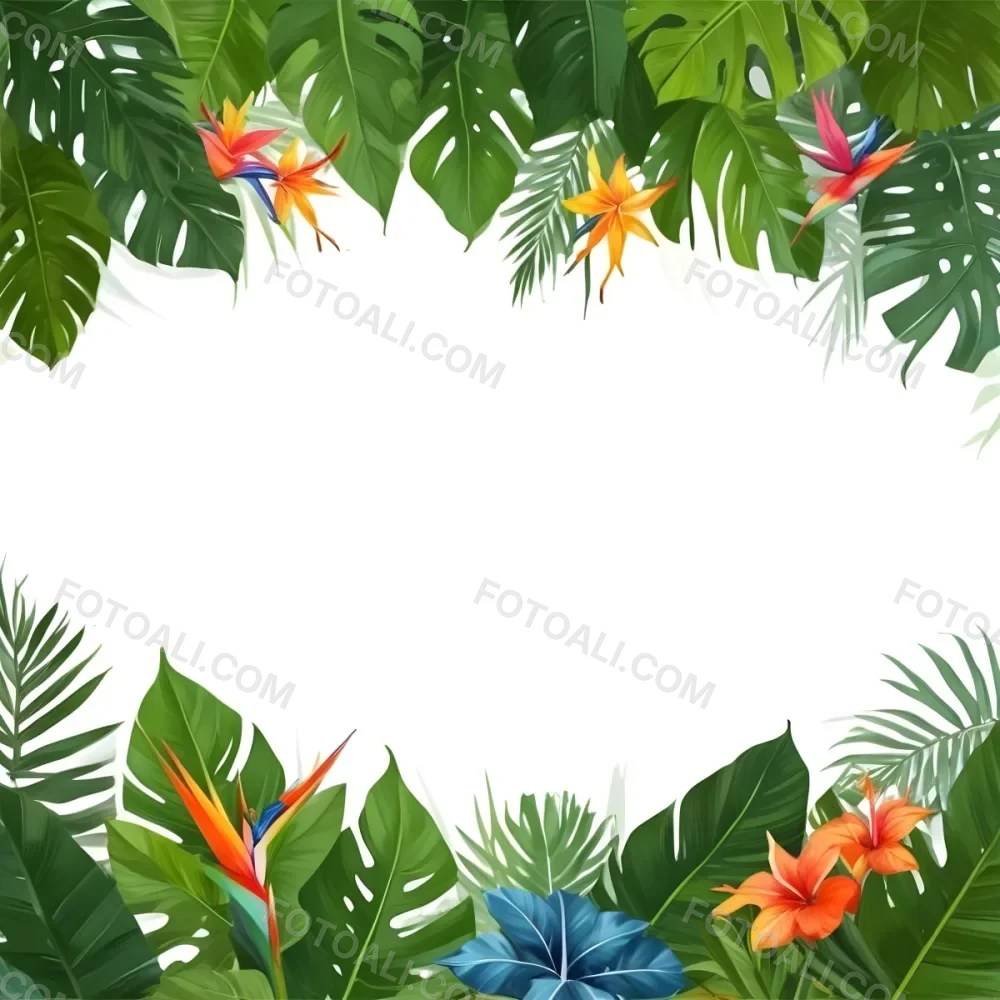 Digital Painting Tropical Leaves And Flowers Frame With Monstera Banana Leaves Palm Leaves Hibiscus Plumeria And Bird Of Paradise On A White Background Bold And Slim Lines Brush Strokes 32 0de0