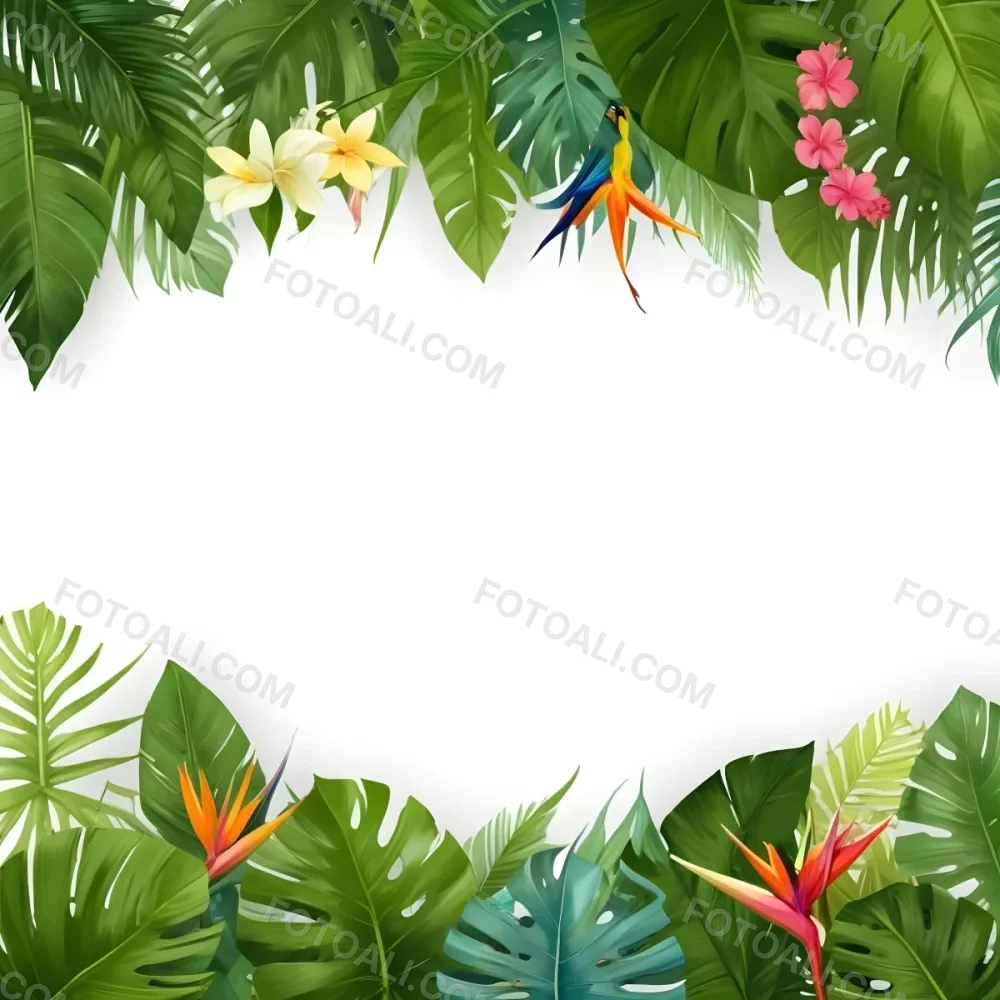 Digital Painting Tropical Leaves And Flowers Frame With Monstera Banana Leaves Palm Leaves Hibiscus Plumeria And Bird Of Paradise On A White Background Bold And Slim Lines Brush Strokes 33 65df
