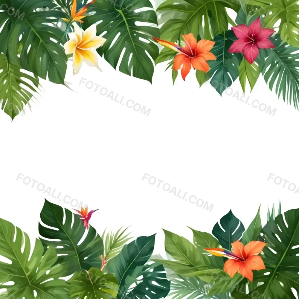 Digital Painting Tropical Leaves And Flowers Frame With Monstera Banana Leaves Palm Leaves Hibiscus Plumeria And Bird Of Paradise On A White Background Bold And Slim Lines Brush Strokes 4 53f4