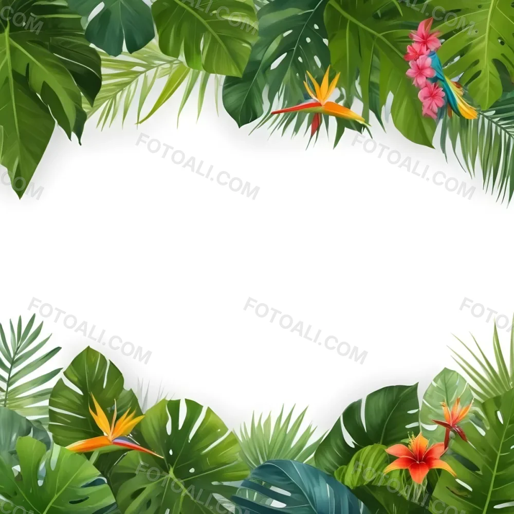 Digital Painting Tropical Leaves And Flowers Frame With Monstera Banana Leaves Palm Leaves Hibiscus Plumeria And Bird Of Paradise On A White Background Bold And Slim Lines Brush Strokes 5 0f0c