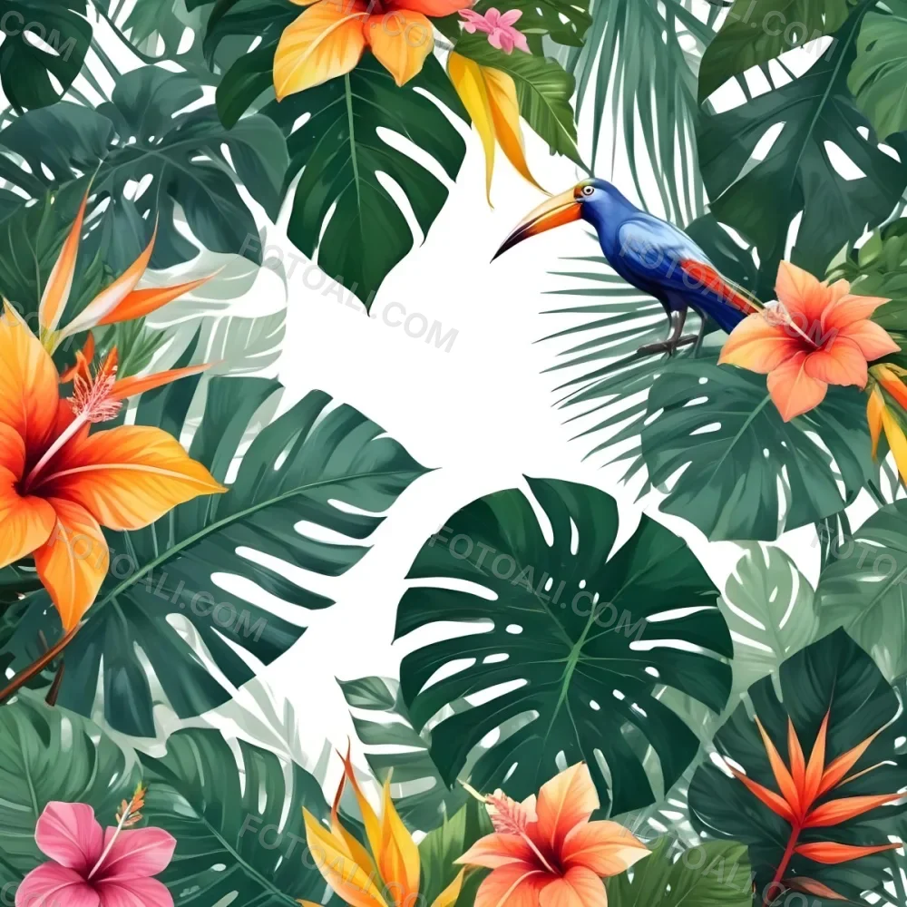 Digital Painting Tropical Leaves And Flowers Frame With Monstera Banana Leaves Palm Leaves Hibiscus Plumeria And Bird Of Paradise On A White Background Bold And Slim Lines Brush Strokes 6 A767