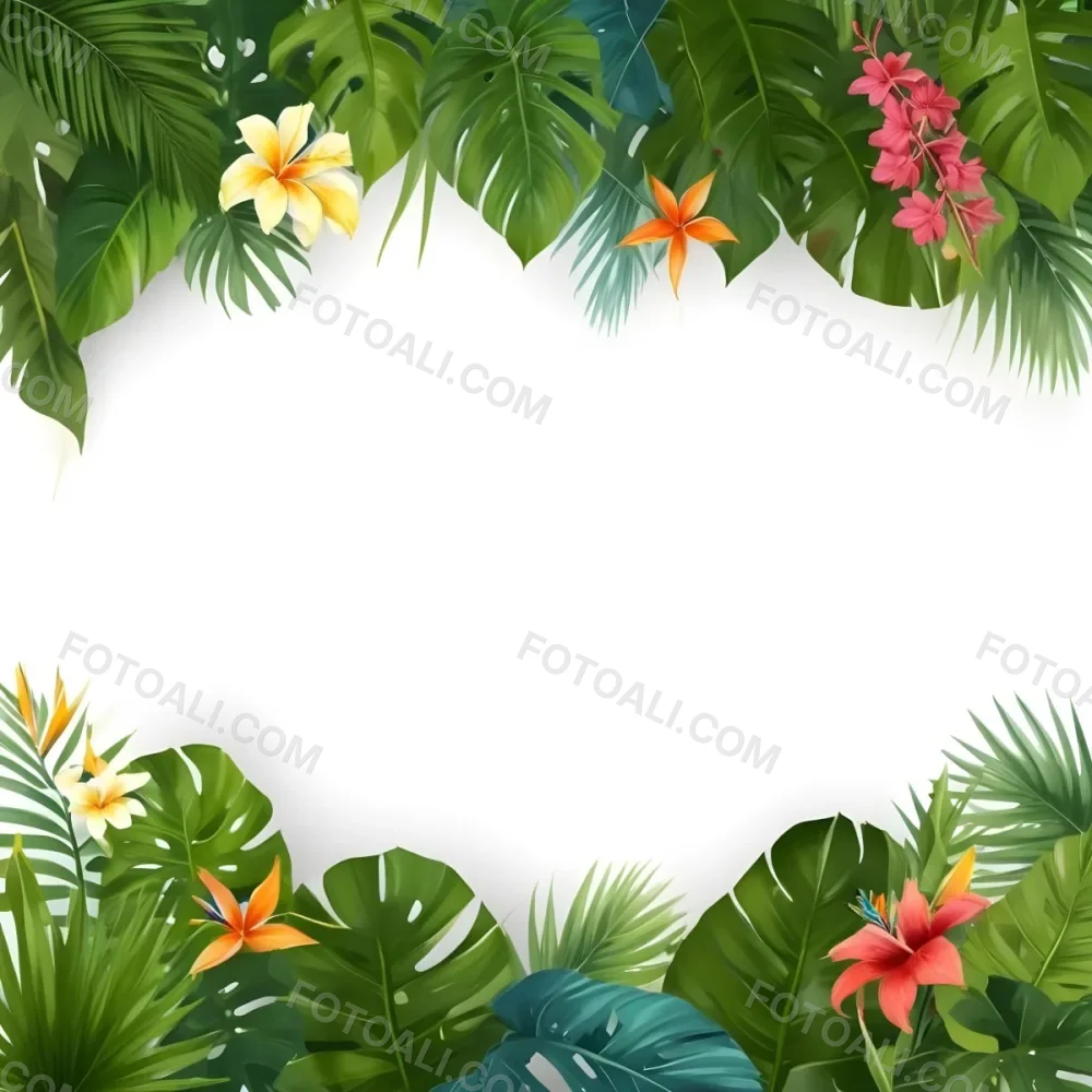 Digital Painting Tropical Leaves And Flowers Frame With Monstera Banana Leaves Palm Leaves Hibiscus Plumeria And Bird Of Paradise On A White Background Bold And Slim Lines Brush Strokes 7 Bed4