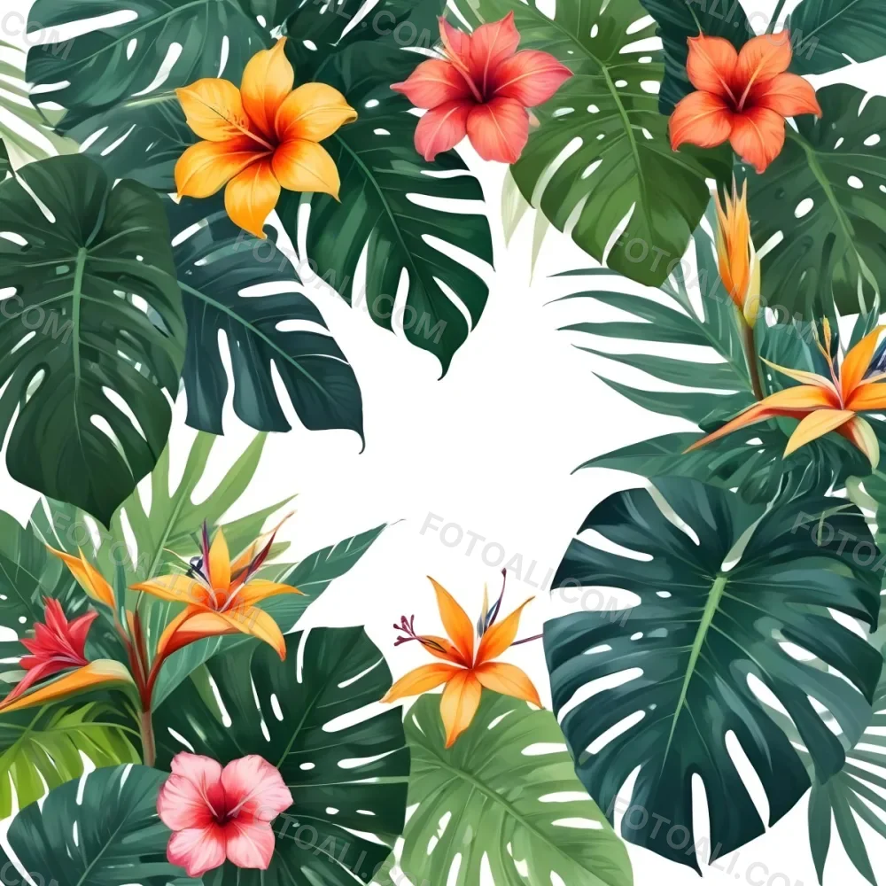 Digital Painting Tropical Leaves And Flowers Frame With Monstera Banana Leaves Palm Leaves Hibiscus Plumeria And Bird Of Paradise On A White Background Bold And Slim Lines Brush Strokes 8 4d9b