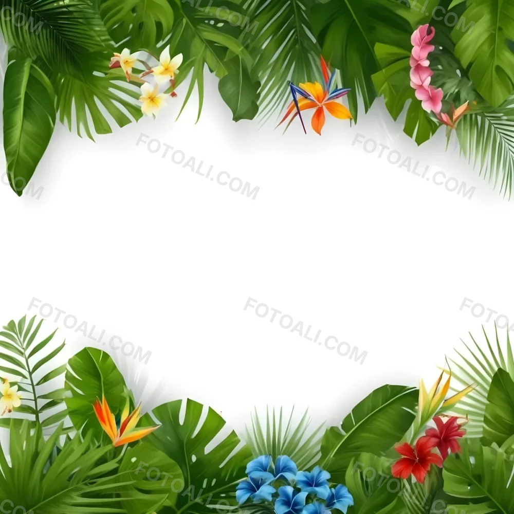 Digital Painting Tropical Leaves And Flowers Frame With Monstera Banana Leaves Palm Leaves Hibiscus Plumeria And Bird Of Paradise On A White Background Bold And Slim Lines Brush Strokes 9 0ed9