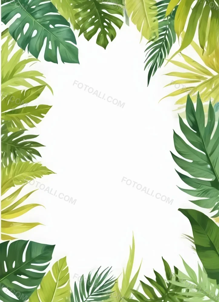 Digital Painting Tropical Leaves Frame With Different Shades Of Green Palm Leaves Banana Leaves And Fern Leaves Creating A Vibrant Border Against A White Background Bold And Slim Lines Brush Strokes 17 29d7