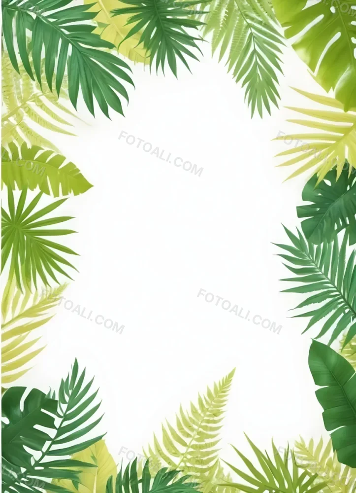 Digital Painting Tropical Leaves Frame With Different Shades Of Green Palm Leaves Banana Leaves And Fern Leaves Creating A Vibrant Border Against A White Background Bold And Slim Lines Brush Strokes 24 D11a