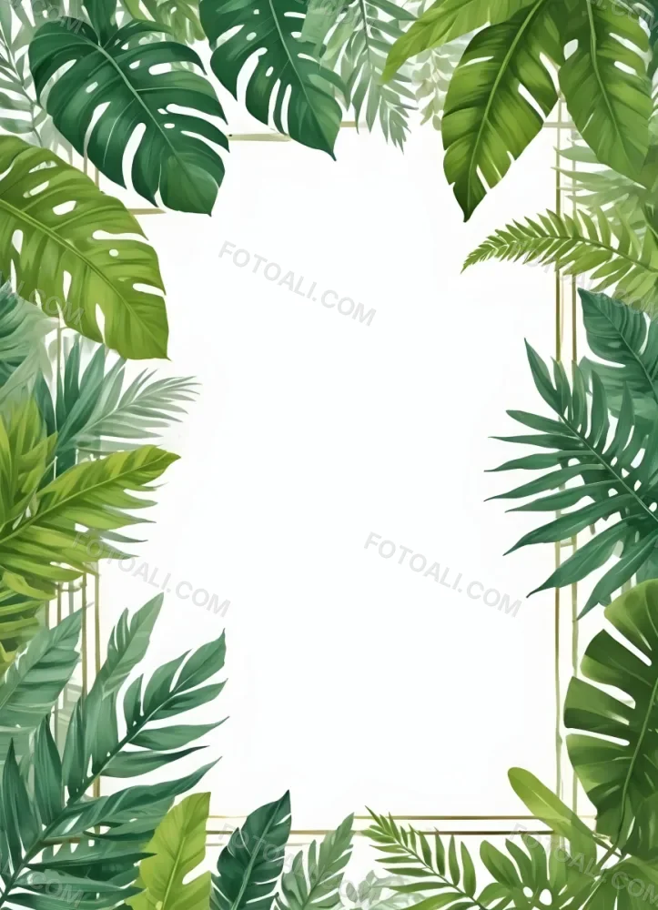 Digital Painting Tropical Leaves Frame With Different Shades Of Green Palm Leaves Banana Leaves And Fern Leaves Creating A Vibrant Border Against A White Background Bold And Slim Lines Brush Strokes 4 Bebb