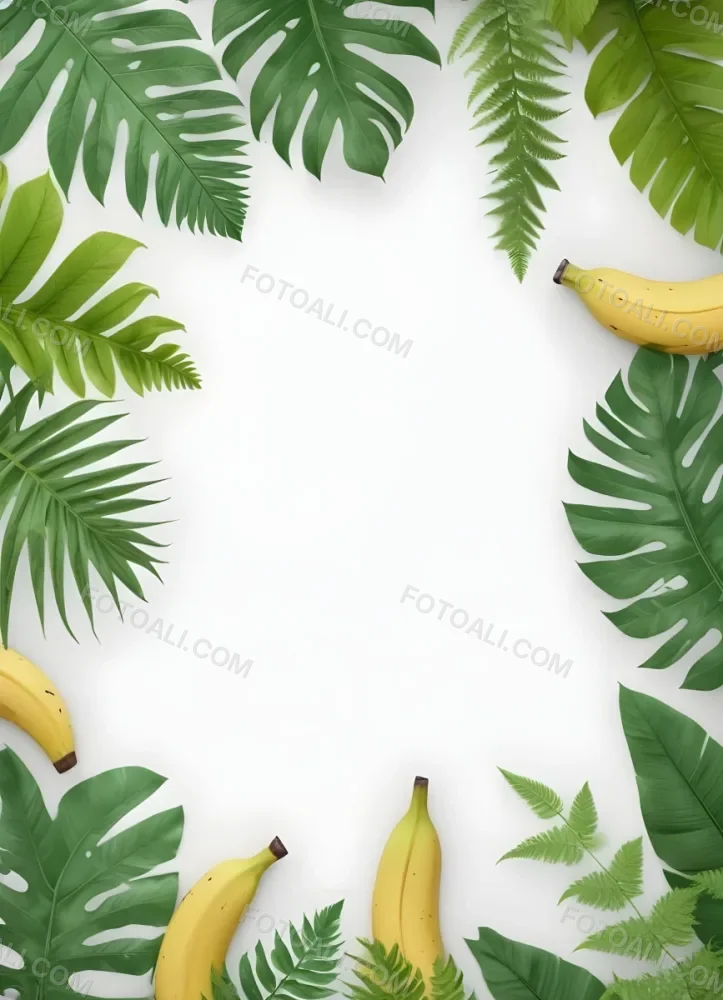 Digital Painting Tropical Leaves Frame With Different Shades Of Green Palm Leaves Banana Leaves And Fern Leaves Creating A Vibrant Border Against A White Background Bold And Slim Lines Brush Strokes 53 D093