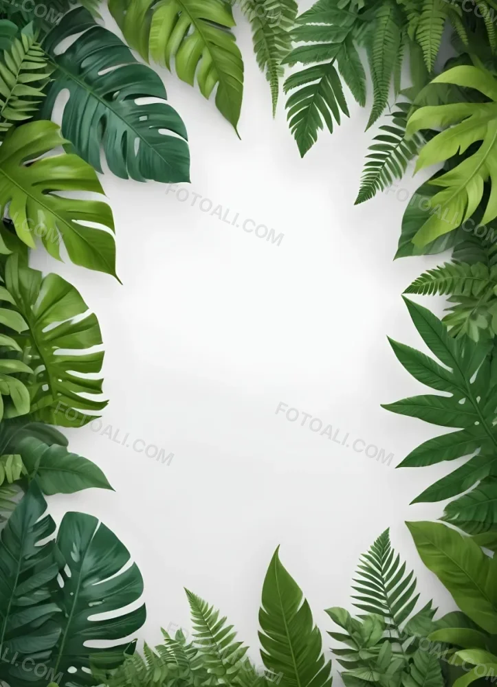 Digital Painting Tropical Leaves Frame With Different Shades Of Green Palm Leaves Banana Leaves And Fern Leaves Creating A Vibrant Border Against A White Background Bold And Slim Lines Brush Strokes 54 487f
