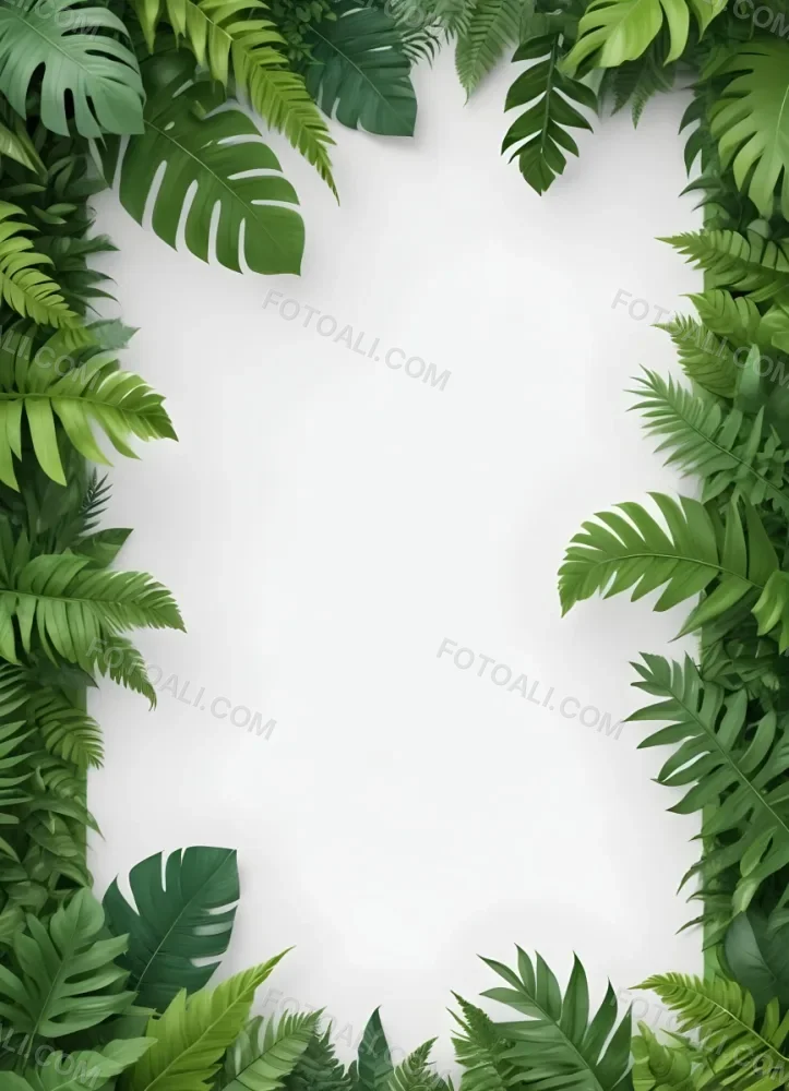 Digital Painting Tropical Leaves Frame With Different Shades Of Green Palm Leaves Banana Leaves And Fern Leaves Creating A Vibrant Border Against A White Background Bold And Slim Lines Brush Strokes 57 C333