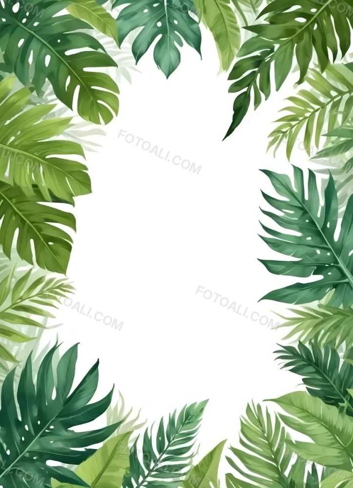 Digital Painting Tropical Leaves Frame With Different Shades Of Green Palm Leaves Banana Leaves And Fern Leaves Creating A Vibrant Border Against A White Background Bold And Slim Lines Brush Strokes 6 79e6