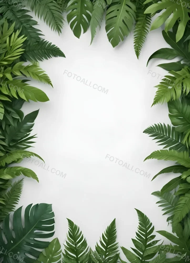 Digital Painting Tropical Leaves Frame With Different Shades Of Green Palm Leaves Banana Leaves And Fern Leaves Creating A Vibrant Border Against A White Background Bold And Slim Lines Brush Strokes 63 7c57