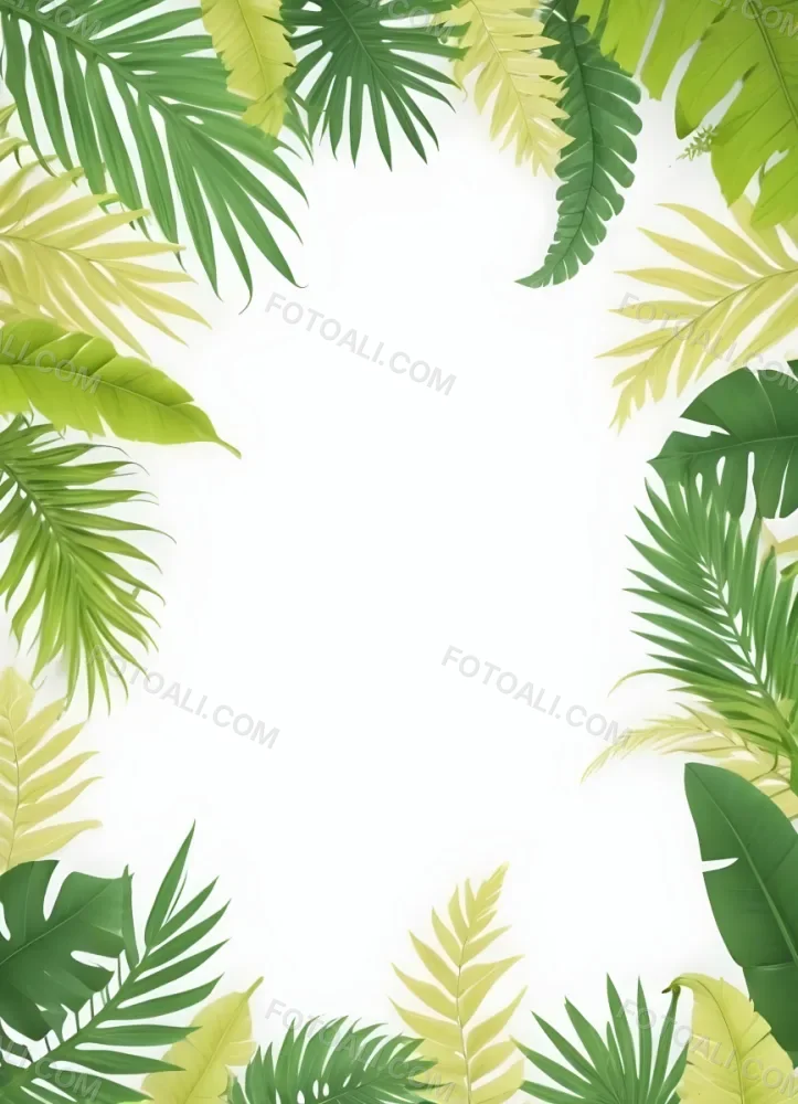 Digital Painting Tropical Leaves Frame With Different Shades Of Green Palm Leaves Banana Leaves And Fern Leaves Creating A Vibrant Border Against A White Background Bold And Slim Lines Brush Strokes 7 68d9