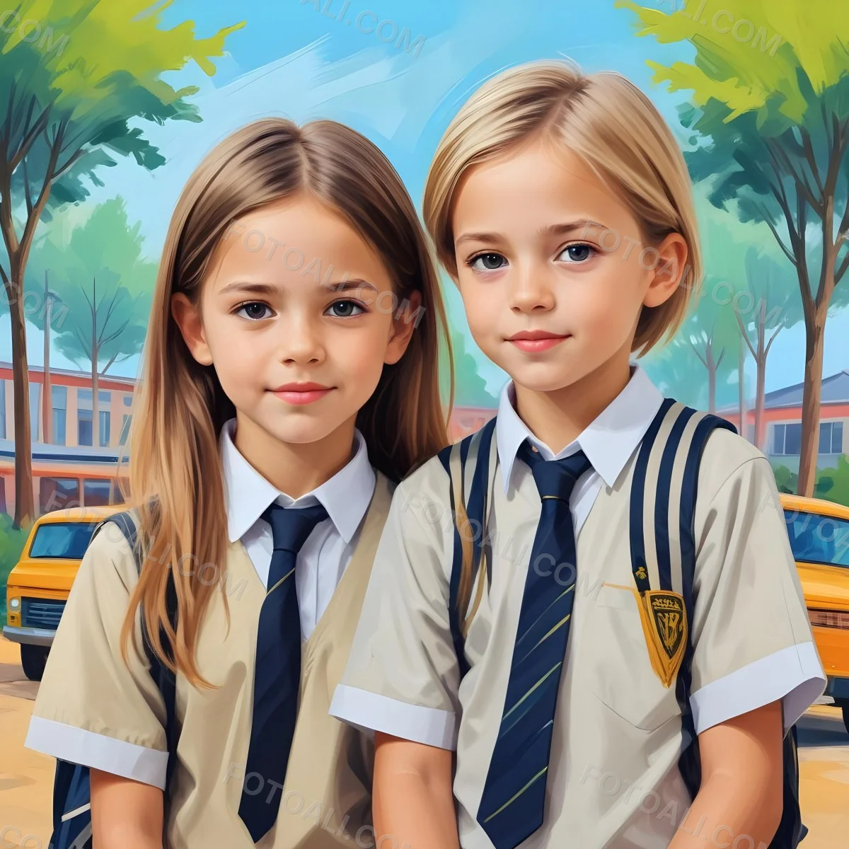 Digital Painting Two Caucasian Kids Of 8 Years Old With School Uniform In A School Bold And Slim Lines Brush Strokes 21 5c25