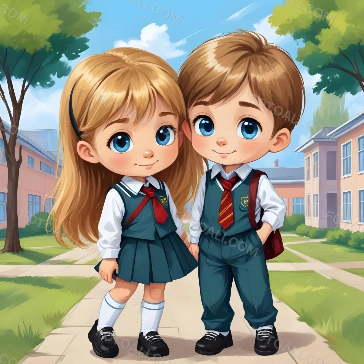 Digital Painting Two Caucasian Kids Of 8 Years Old With School Uniform In A School Bold And Slim Lines Brush Strokes 27 6279