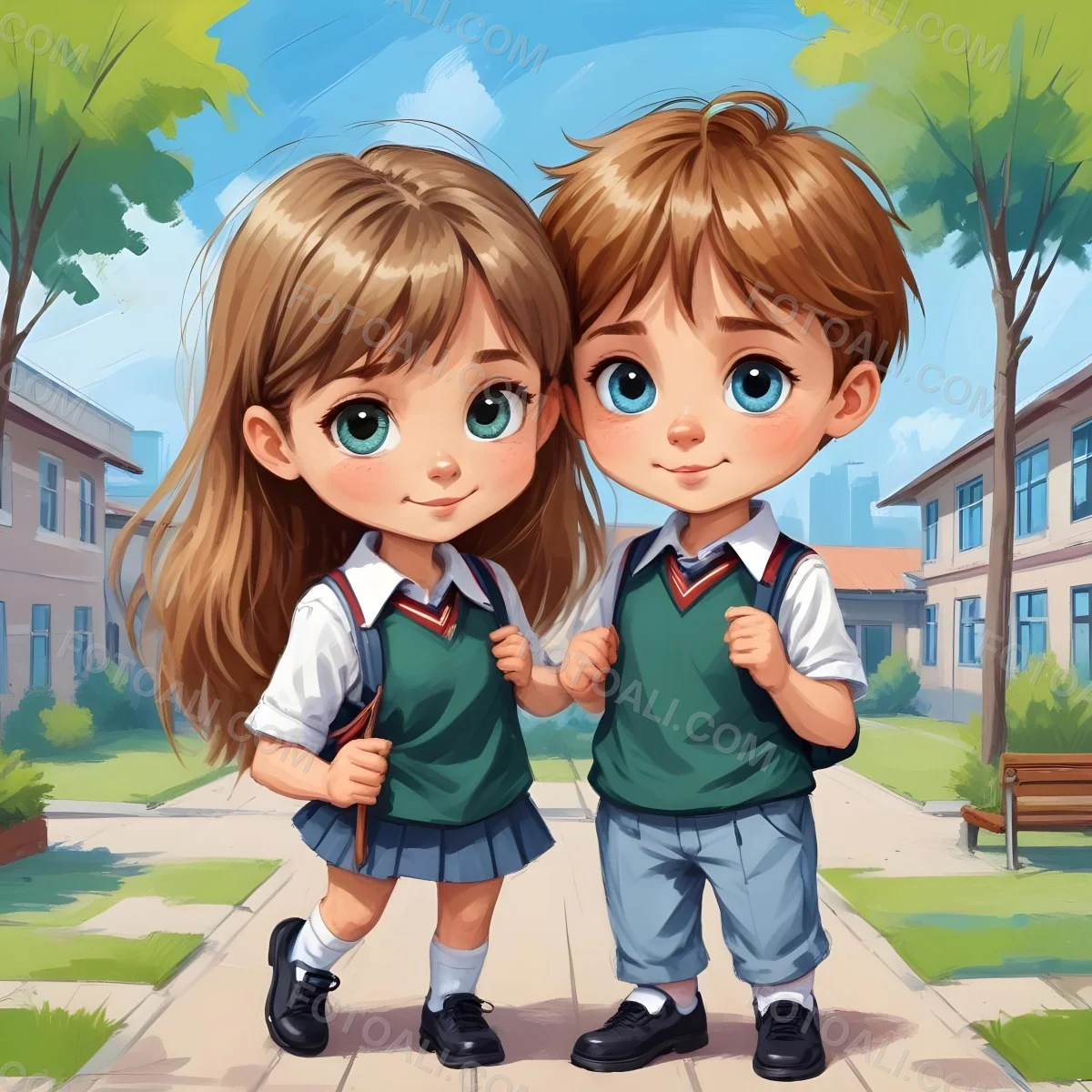 Digital Painting Two Caucasian Kids Of 8 Years Old With School Uniform In A School Bold And Slim Lines Brush Strokes 28 Fbef