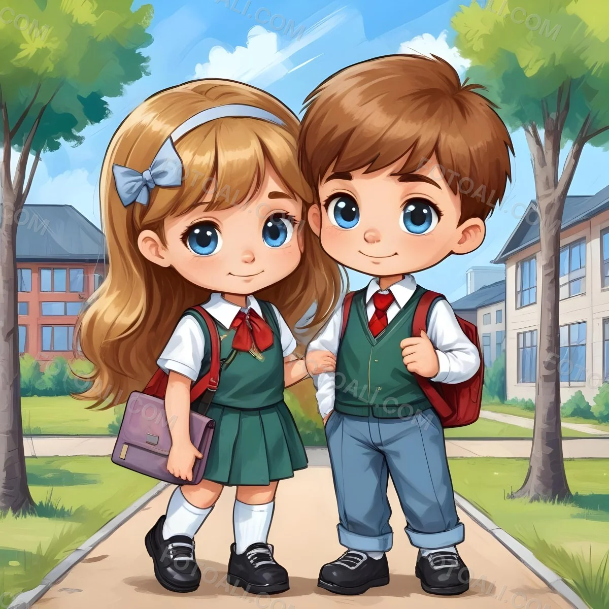 Digital Painting Two Caucasian Kids Of 8 Years Old With School Uniform In A School Bold And Slim Lines Brush Strokes 30 Fed7